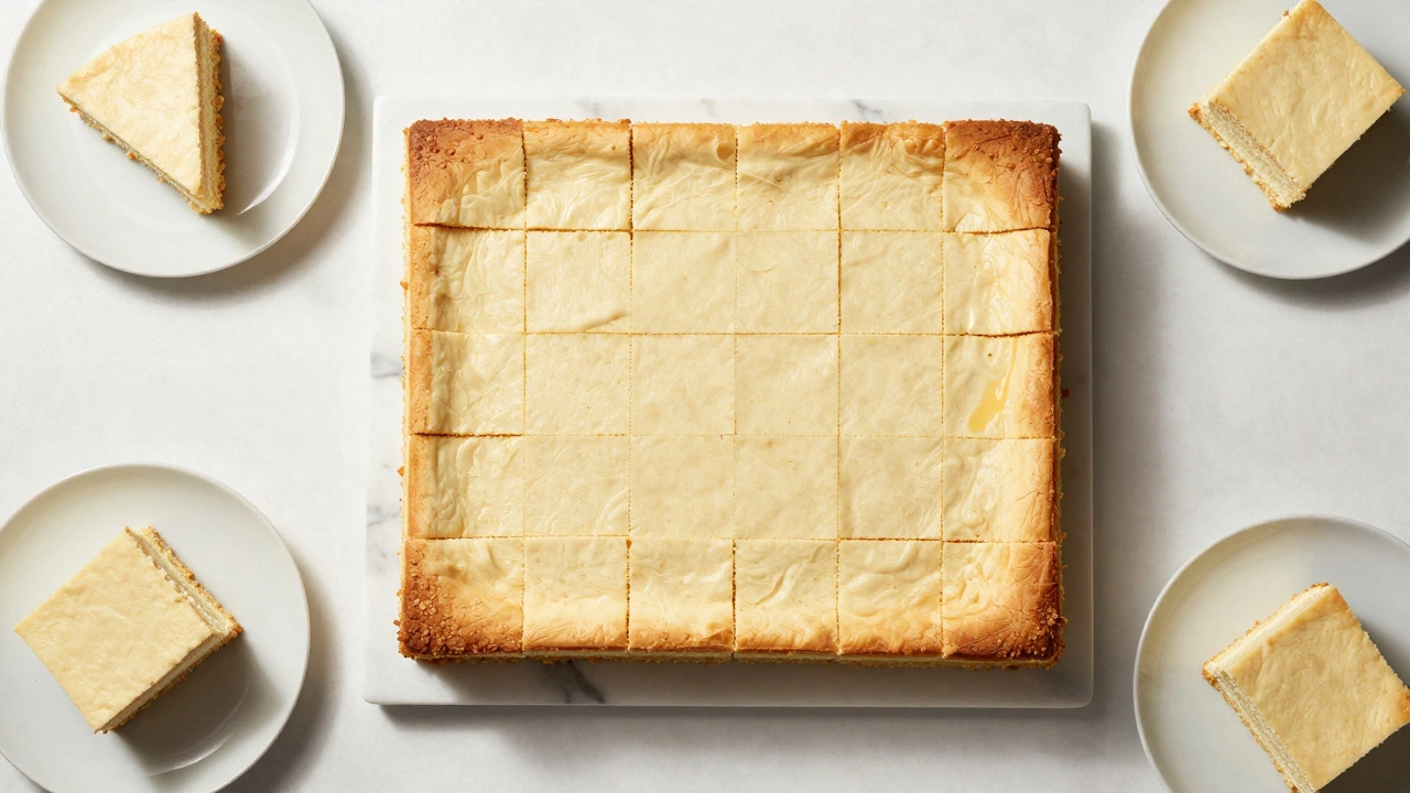 Top-down view of neatly sliced party-sized cake portions