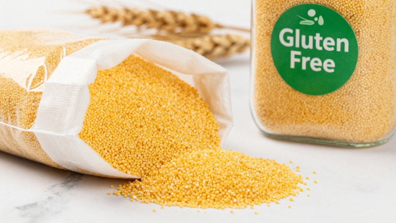 Yellow cornmeal grains next to a gluten-free certification label