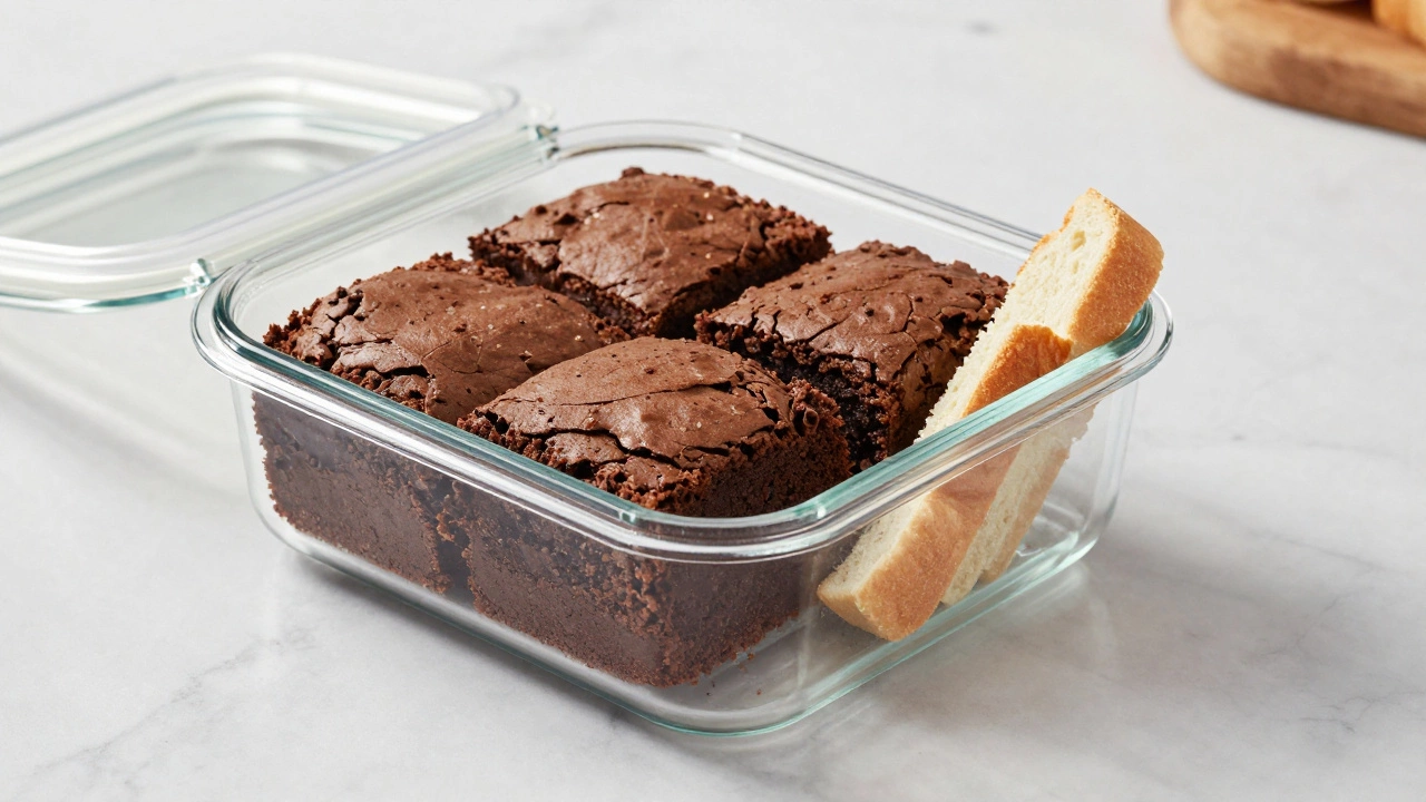 Airtight container with brownies and a slice of white bread for freshness