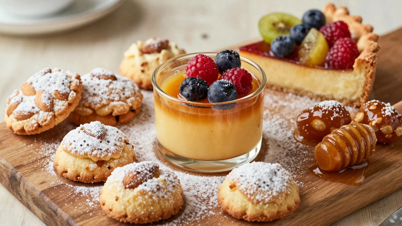 Assortment of Italian desserts including zabaione and cookies
