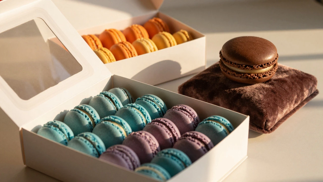 Boxes of mini, standard, and jumbo macarons on a table