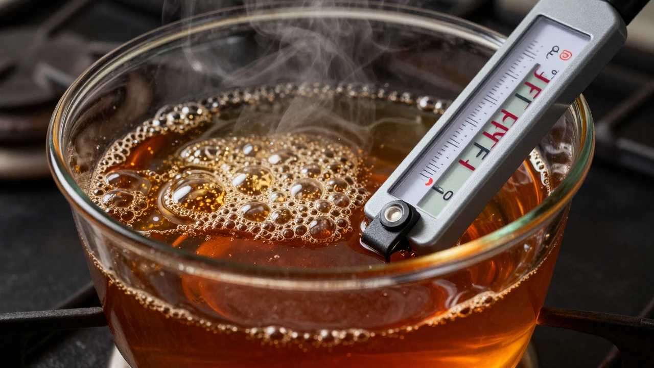 Candy thermometer showing 238 degrees F in boiling sugar syrup