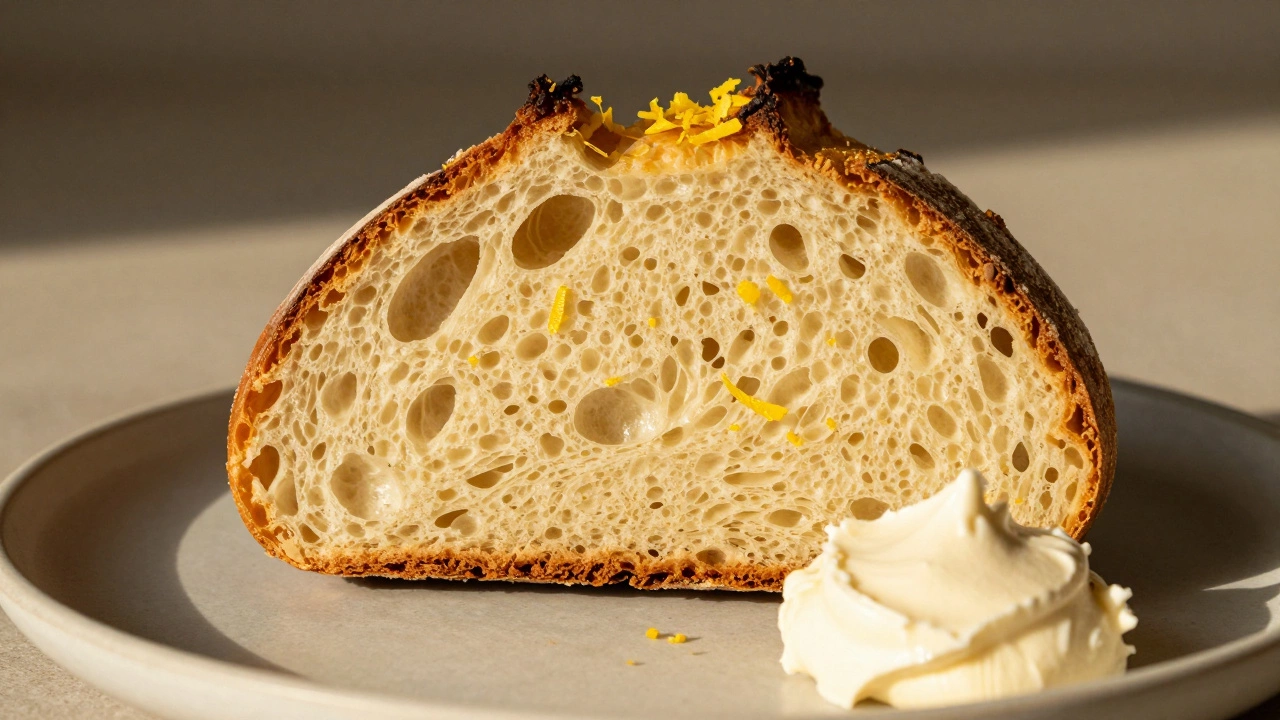 Close-up of artisanal sourdough lemon cake slice showing textured crumb