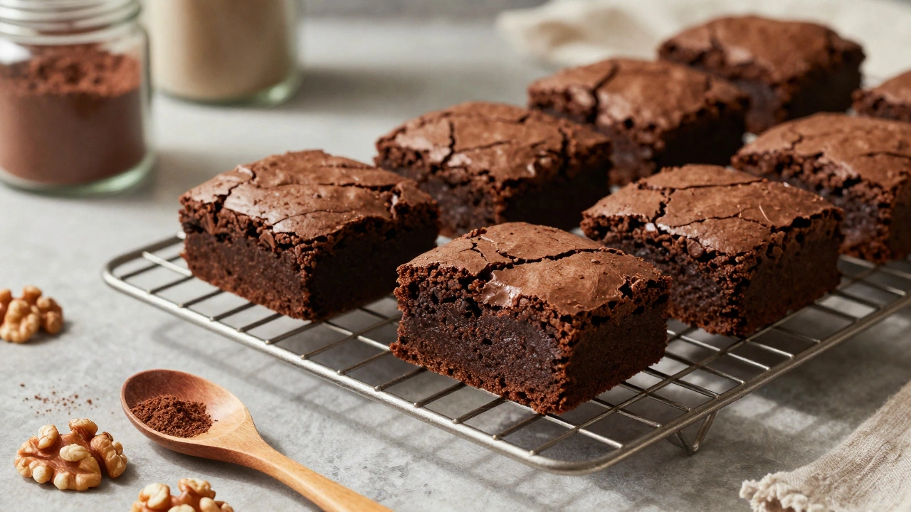 Close-up of fudgy brownies with walnuts in a rustic kitchen