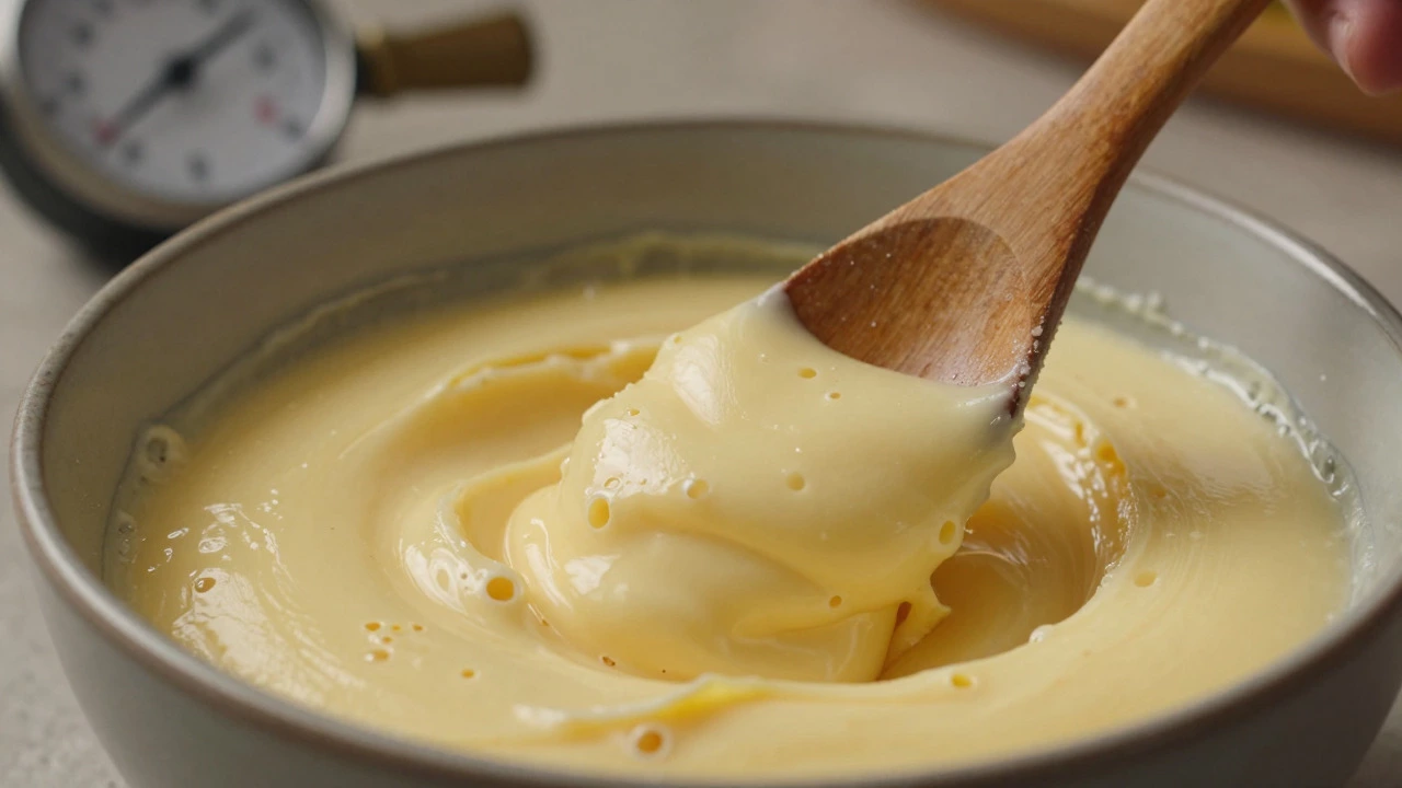 Creamy English fudge being beaten in a bowl until matte and aerated.