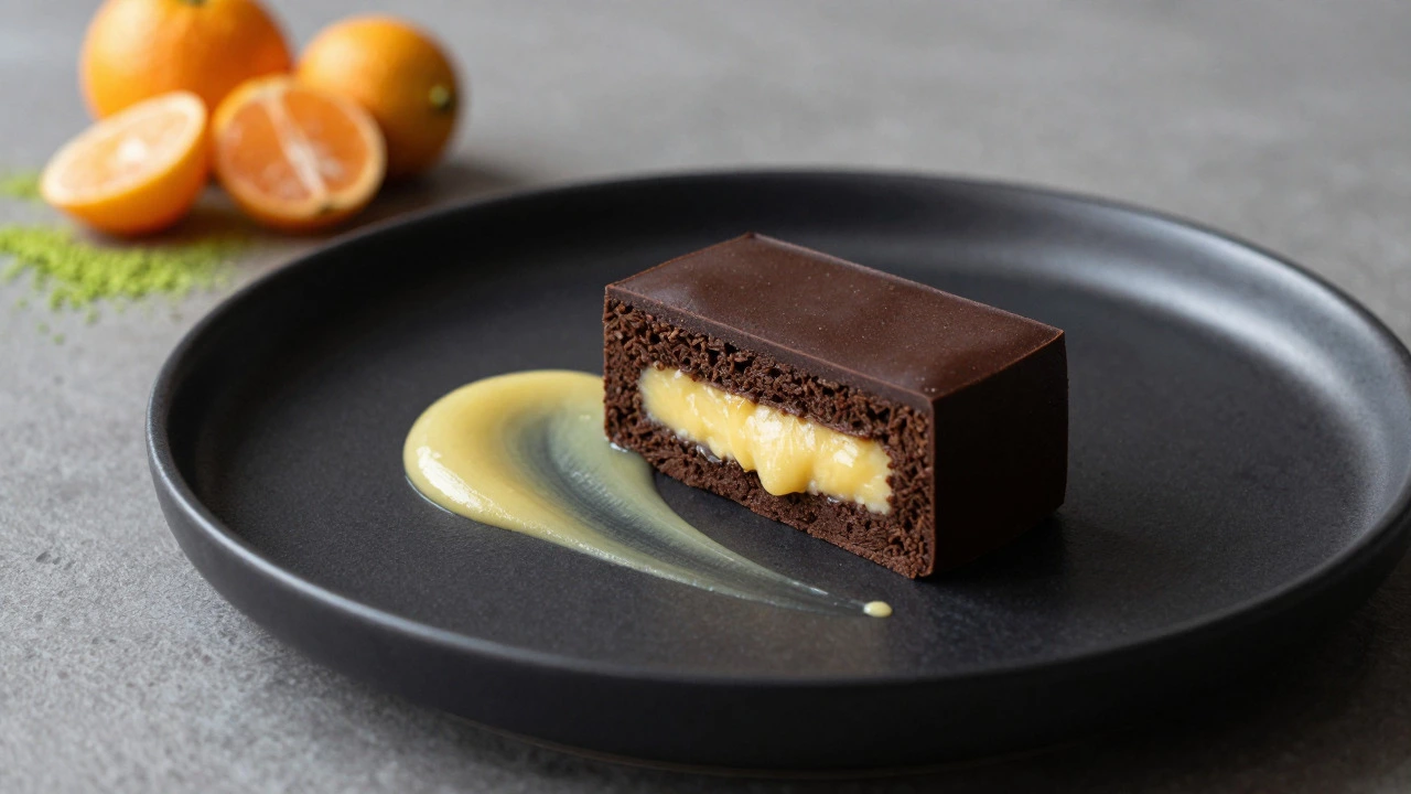 Dark chocolate cake with yuzu curd on a black plate, minimalist style