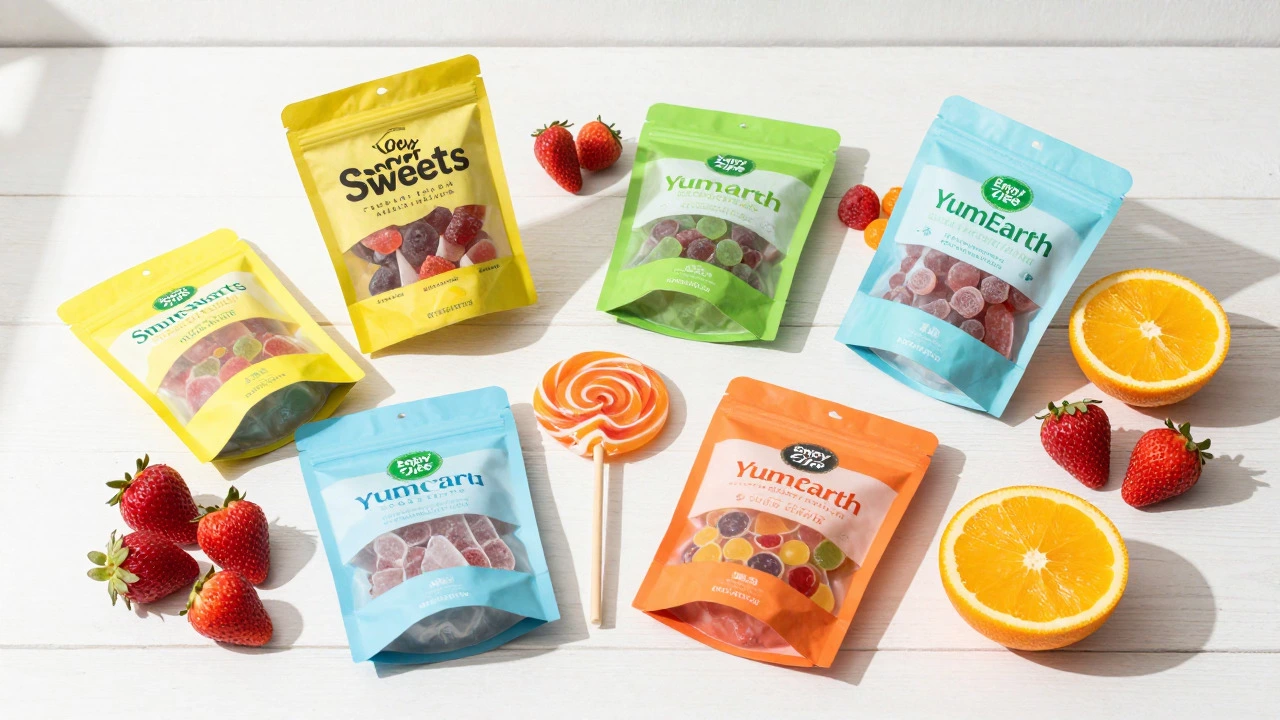 Flat lay of colorful vegan candy alternatives and fresh fruit on a table.