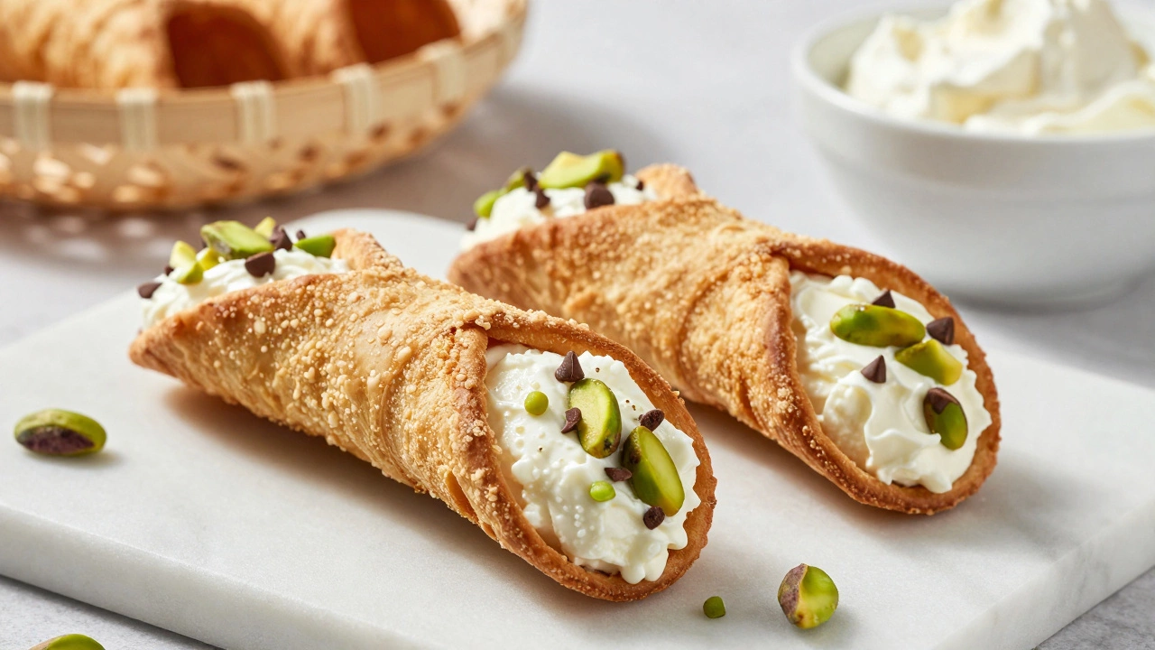 Freshly filled cannoli with ricotta and pistachios on marble