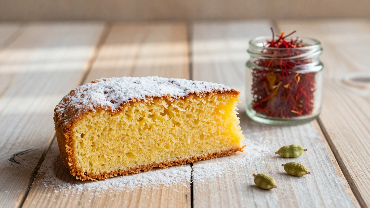 Golden saffron cake slice with saffron threads and cardamom on wood