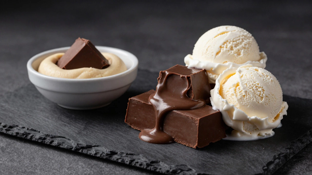Ice cream topped with soft fudge chunks and cookie dough