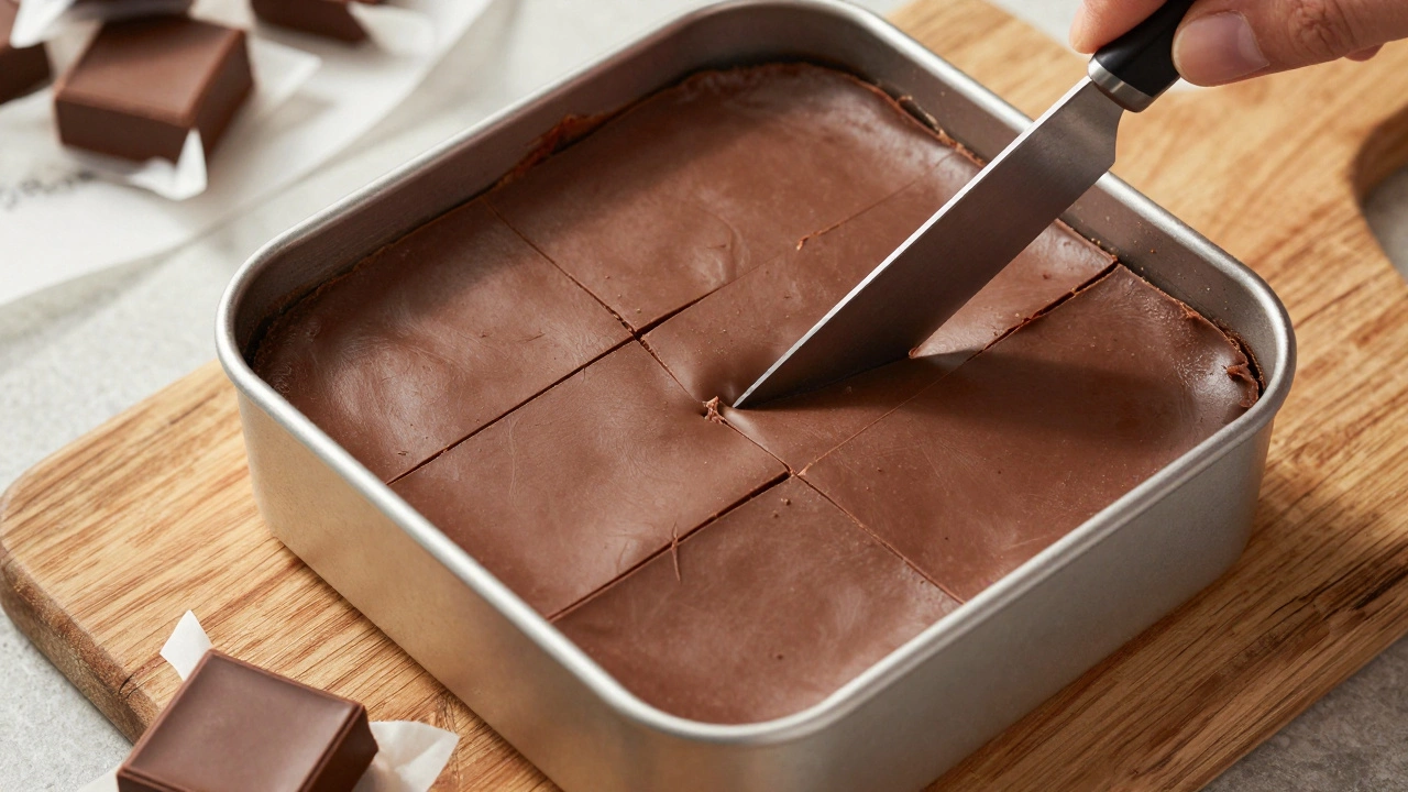 Knife slicing perfectly smooth squares of homemade chocolate fudge