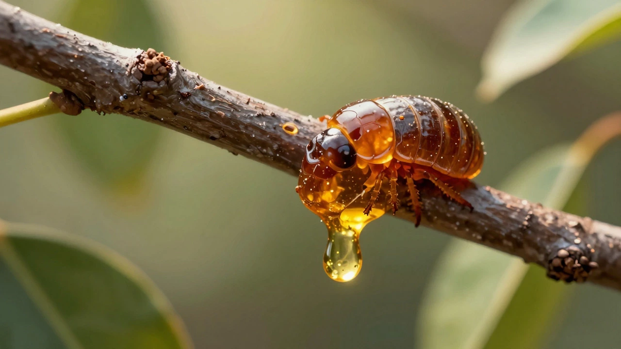 Macro view of a lac insect secreting amber resin on a tree branch.