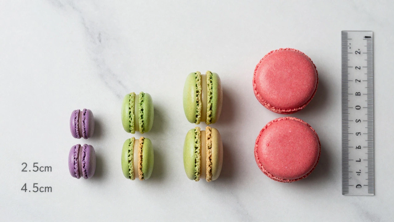 Mini, standard, and jumbo macarons displayed next to a ruler