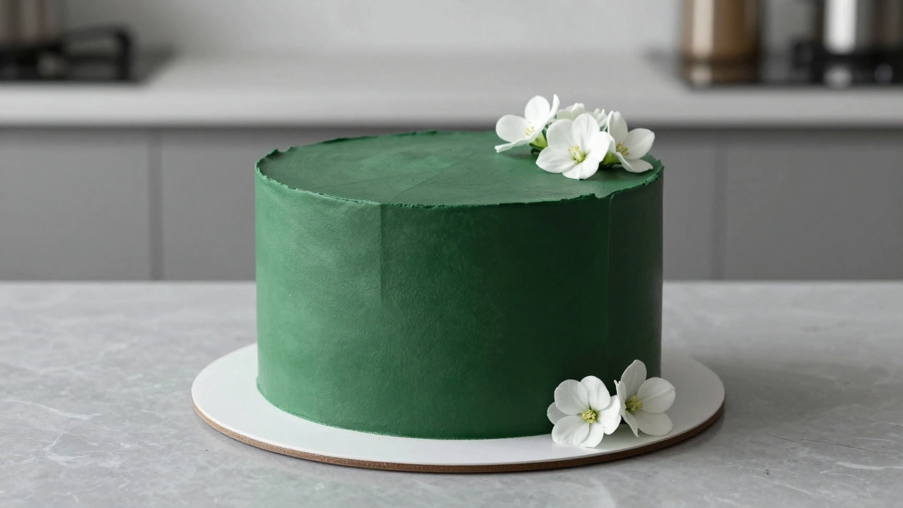 Minimalist emerald green geometric cake with edible flowers on marble