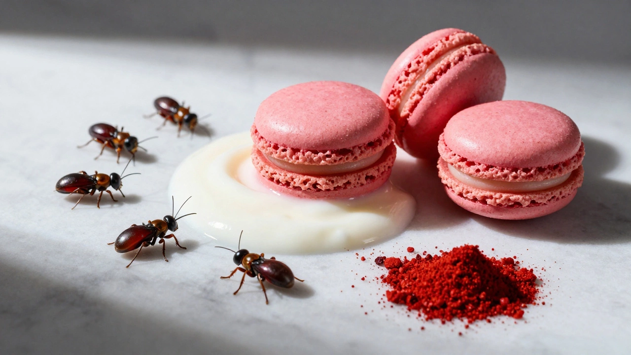 Pink macarons and yogurt next to cochineal insects revealing carmine dye