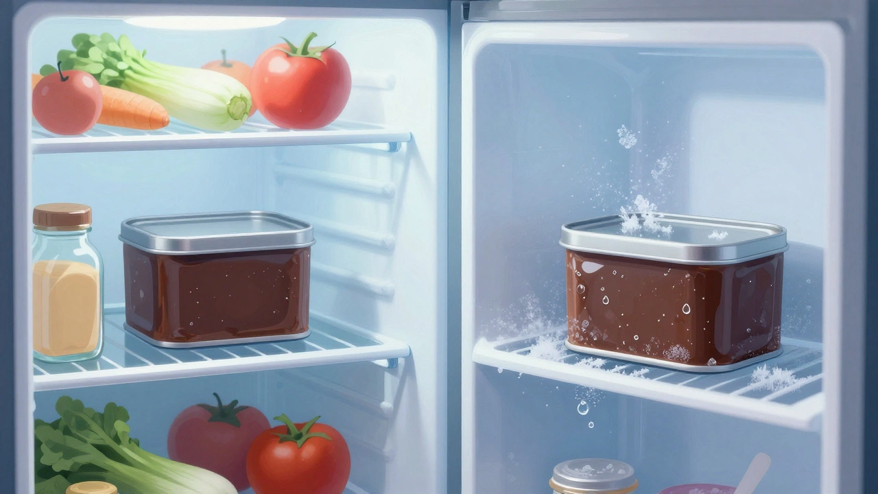 Split view showing fudge stored in a fridge versus a freezer