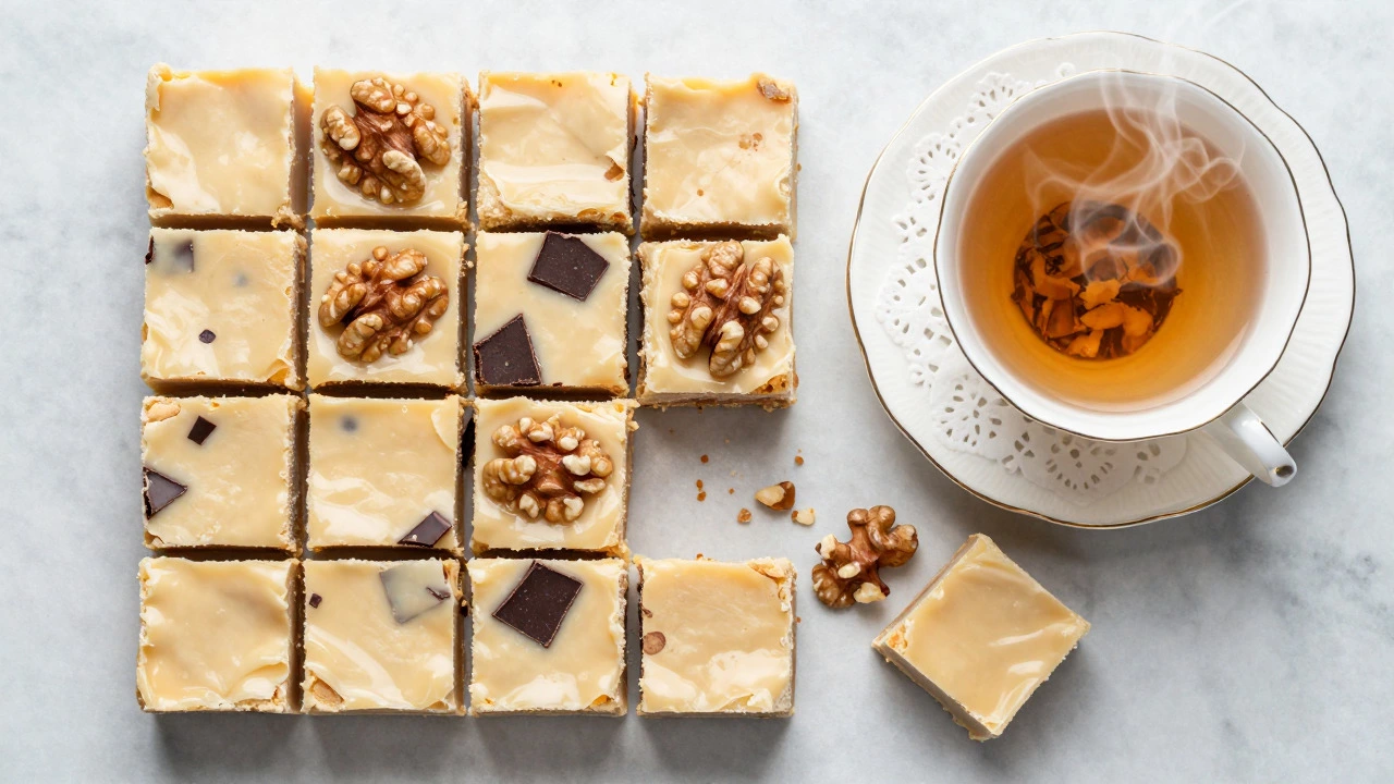 Squares of nut and chocolate English fudge served with tea on a doily.