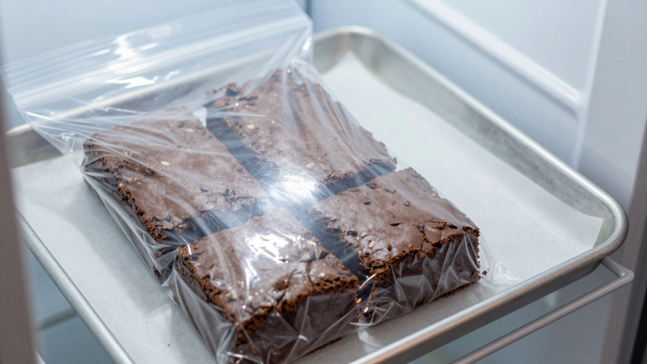 Wrapped brownies ready for freezing in a freezer bag and baking sheet