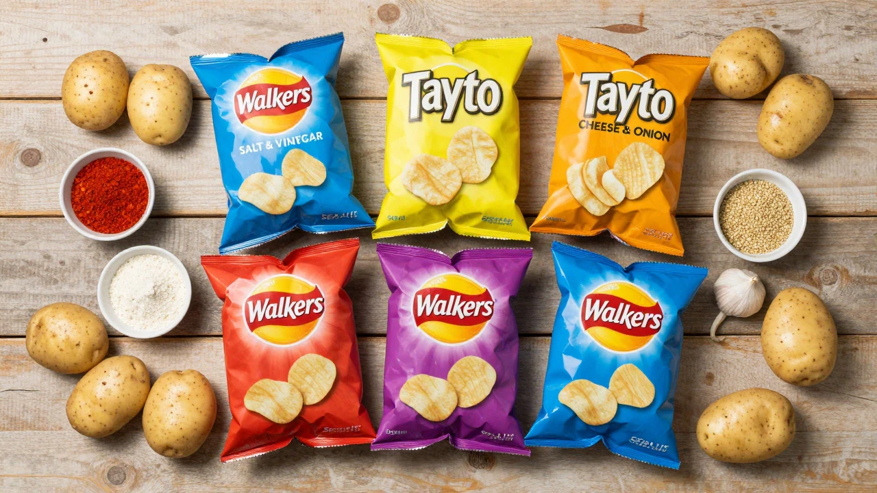Assortment of vegan-friendly crisp brands and fresh seasoning ingredients