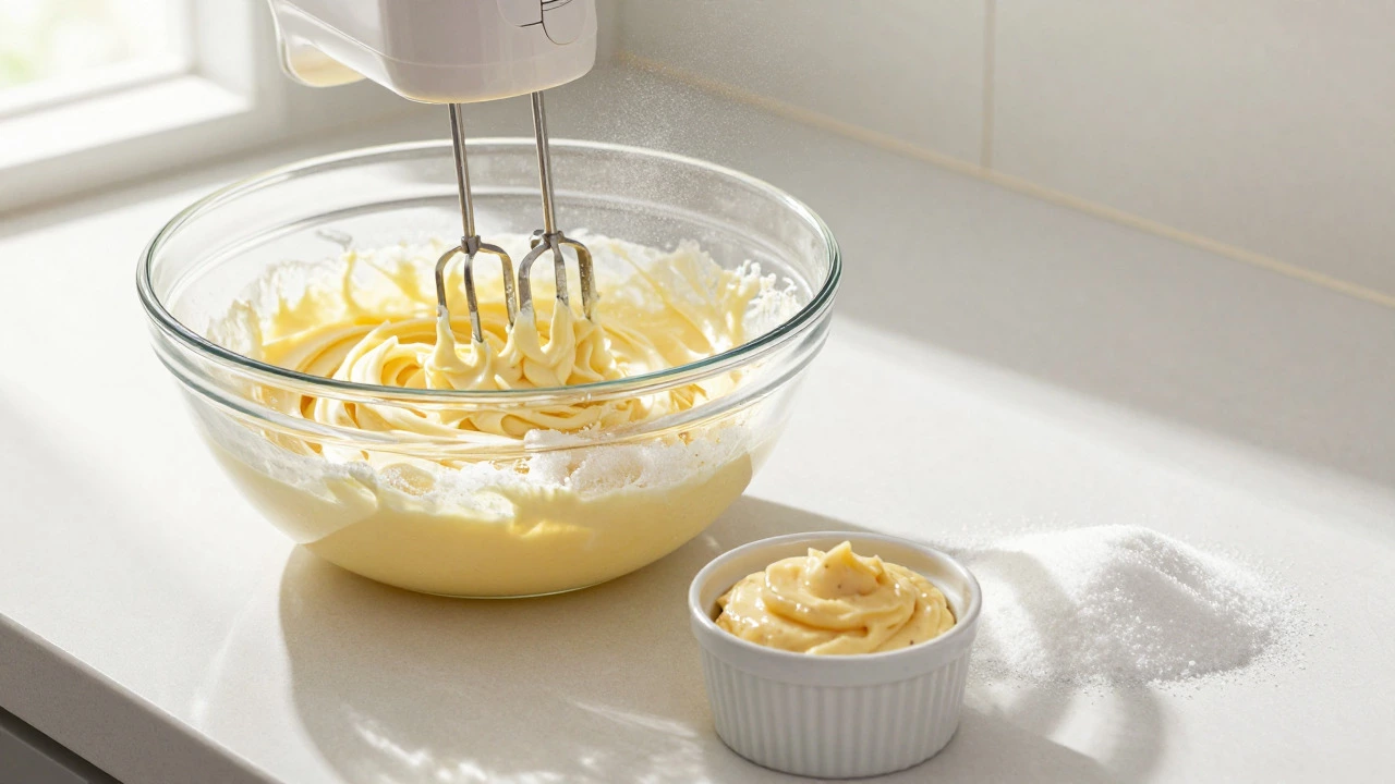 Butter and sugar being mixed in a bowl with vanilla paste nearby