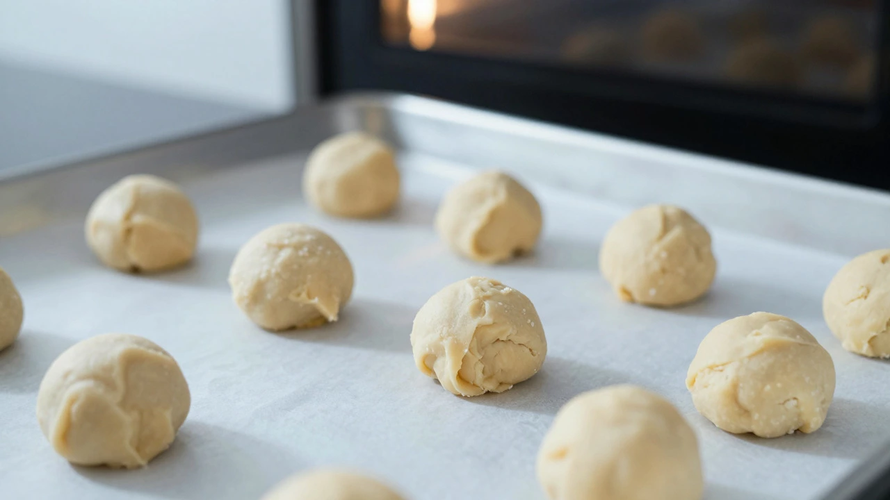 Chilled cookie dough balls arranged on a parchment-lined baking sheet