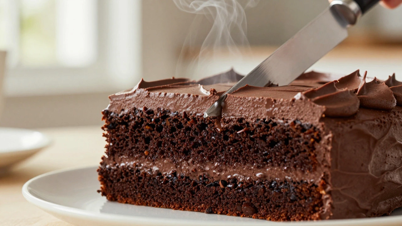 Close-up of a knife slicing through a dense chocolate sheet cake with thick frosting