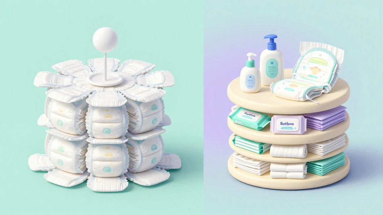 Comparison of a standard diaper cake versus a bathroom cake with extra items