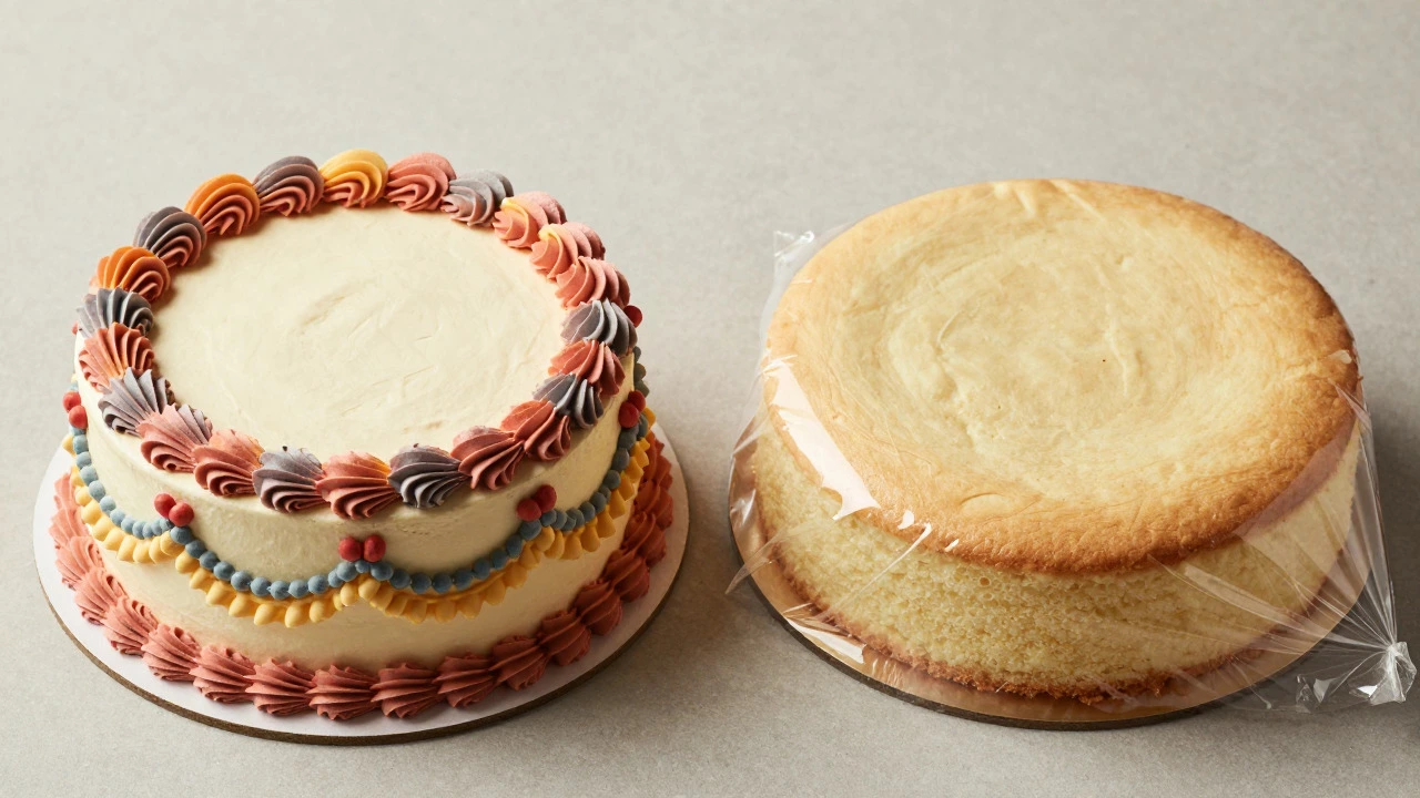 Comparison of an intricate artisan cake and a simple large sheet cake on a table