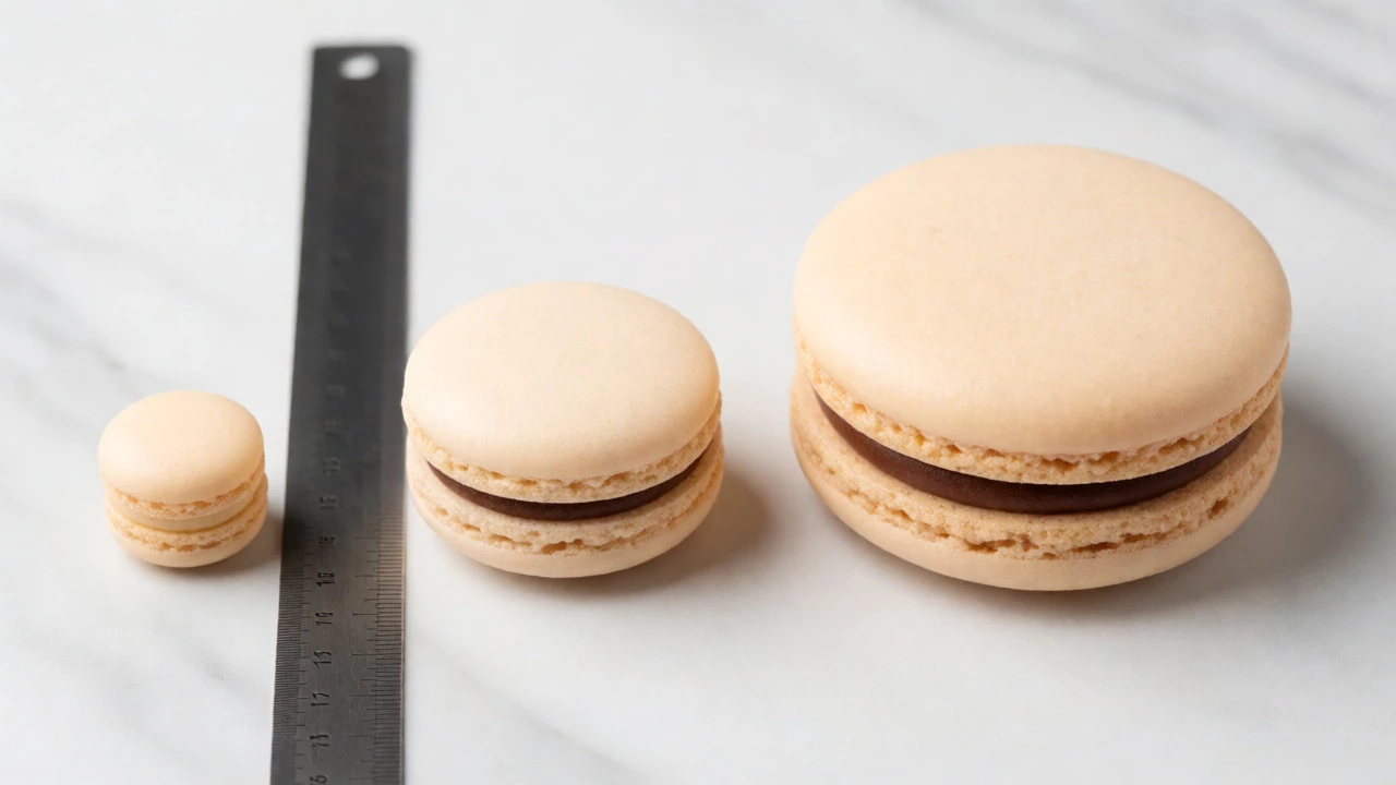 Comparison of mini, classic, and jumbo macaron sizes with ruler