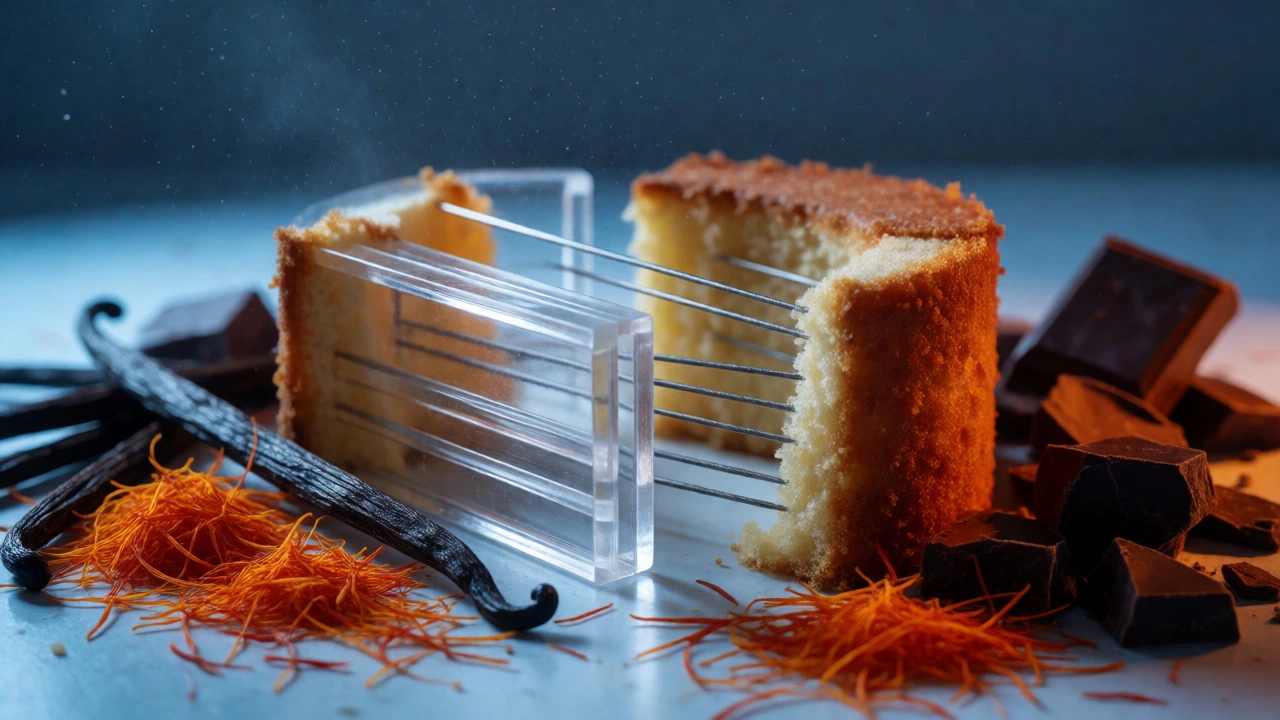 Deconstructed luxury cake showing internal supports and premium ingredients like saffron.