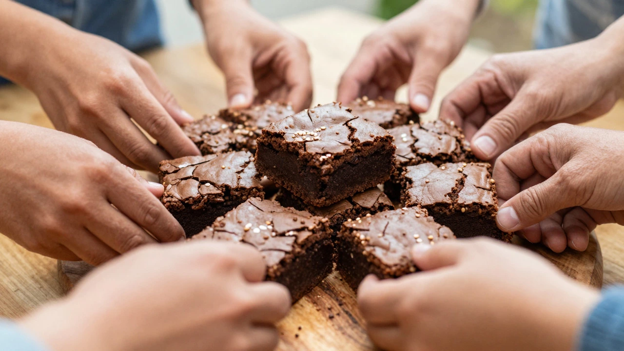 Diverse hands sharing dense, fudgy brownies on a rustic wooden board.