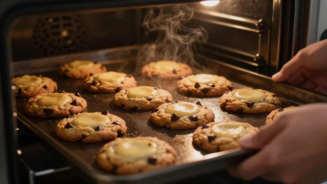 Freshly baked cookies with golden edges and soft centers being lifted from a tray