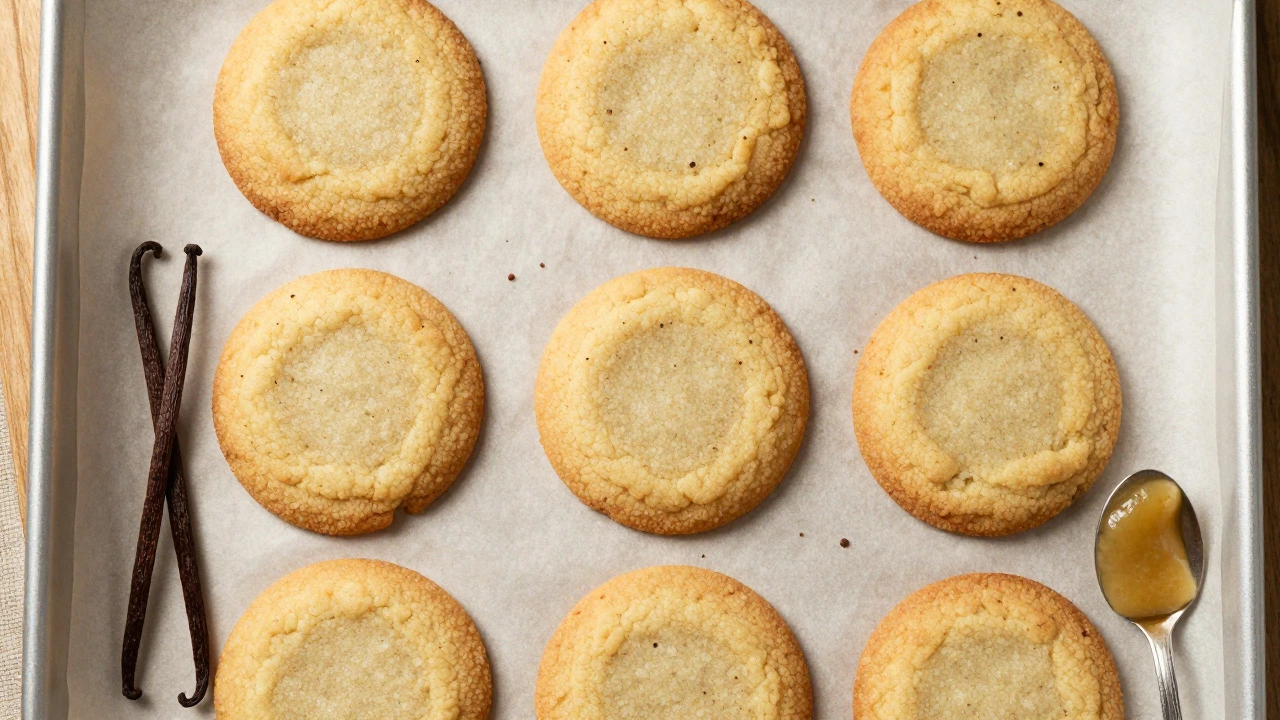 Freshly baked golden vanilla cookies on a baking sheet