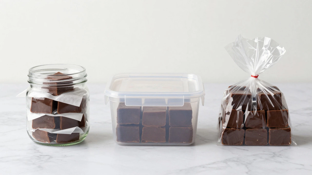 Fudge squares stored in jars, containers, and wrapped individually