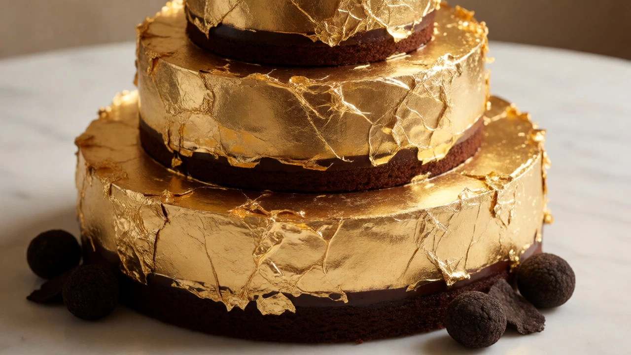 Golden Phoenix cake covered in edible gold leaf with dark chocolate and truffle accents.