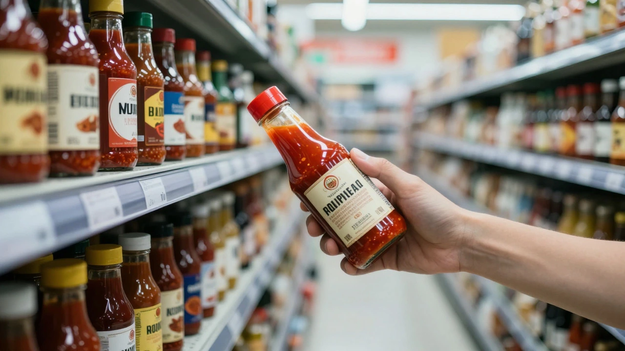 Hand holding a red sauce bottle in a grocery store aisle, inspecting the back label