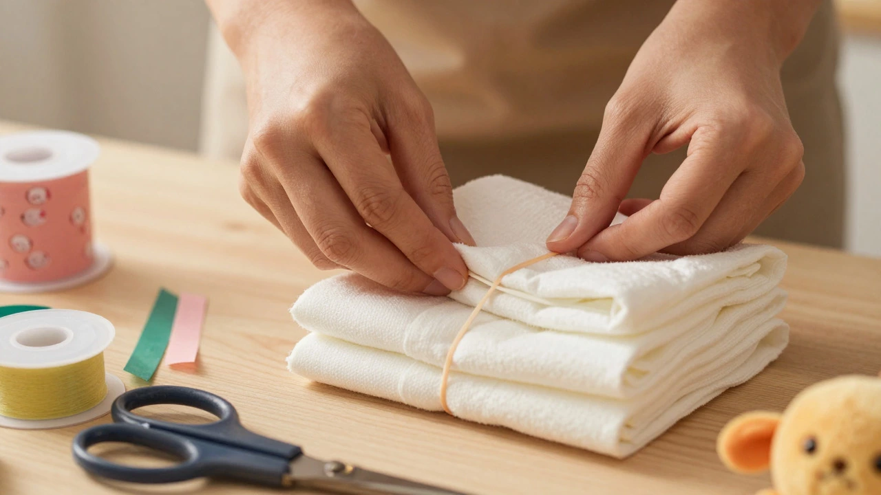 Hands carefully assembling a tier of a nappy cake with crafting tools nearby