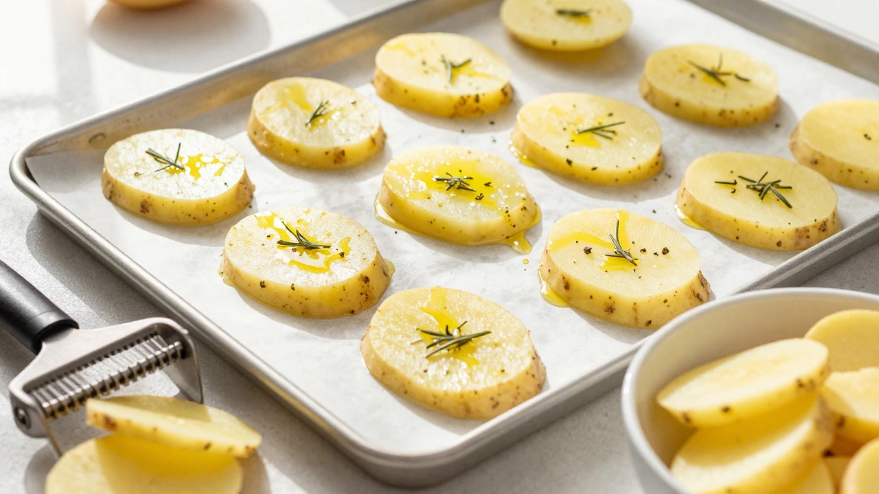 Homemade potato crisps being prepared with oil and herbs on baking sheet
