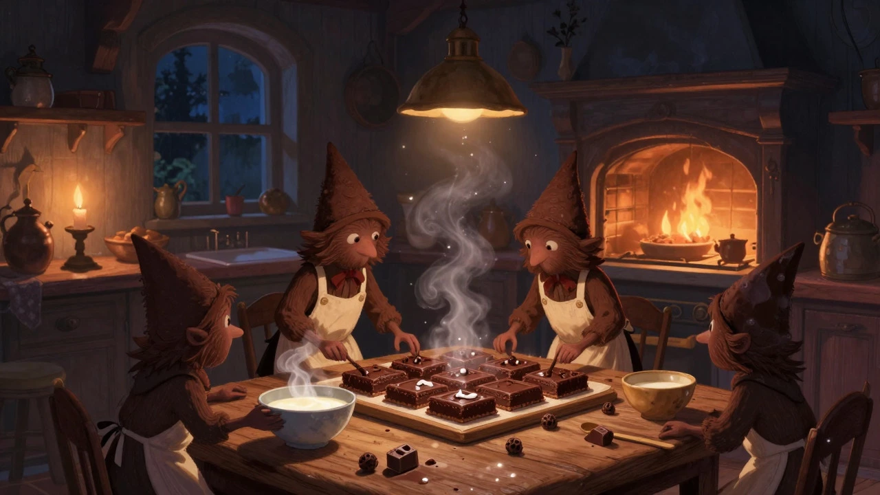 Magical household brownie spirits baking treats in a cozy night-time kitchen.