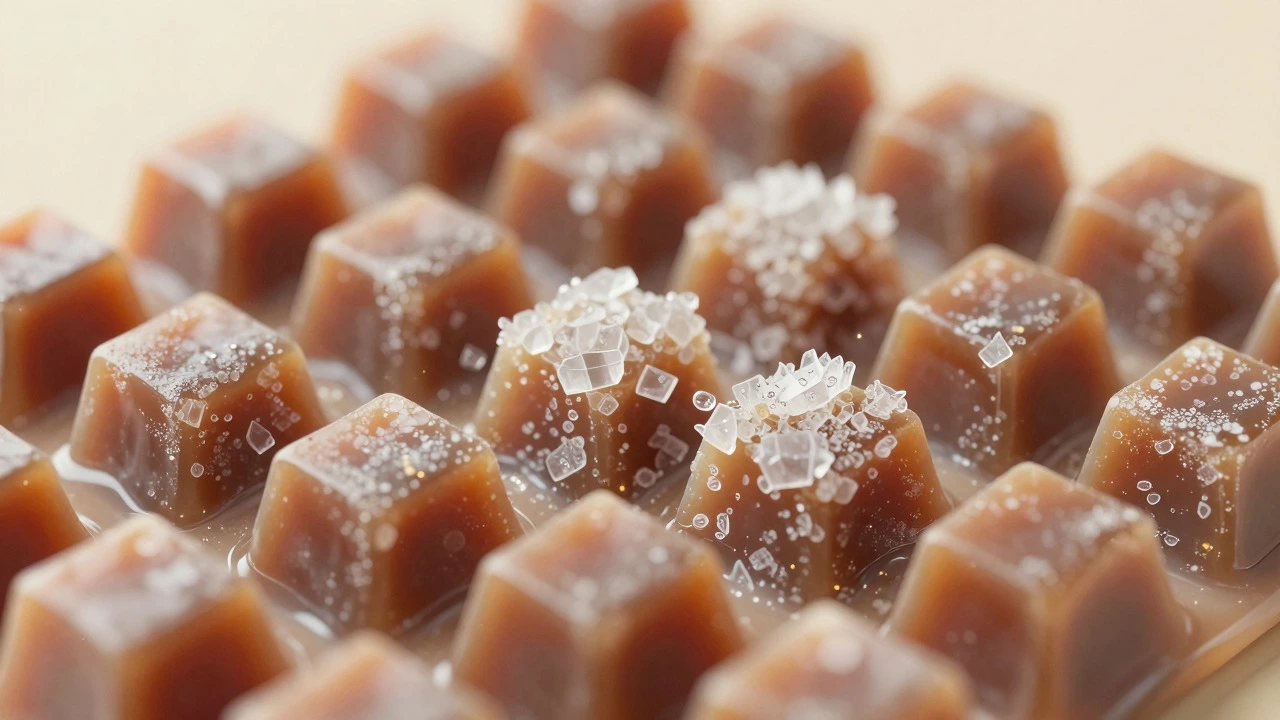 Microscopic view of sugar crystals forming in setting fudge