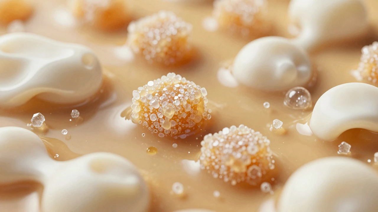 Microscopic view of sugar crystals stabilized by milk proteins