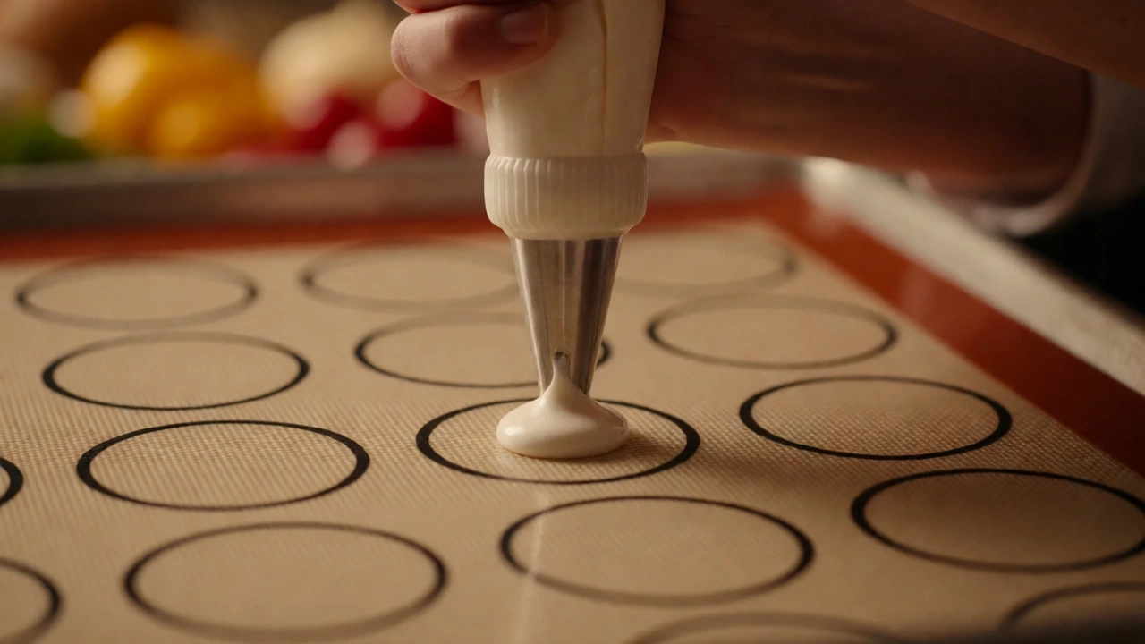Pastry chef piping macaron batter onto a guided silicone mat