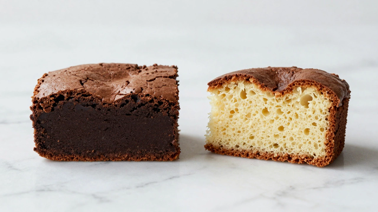 Side-by-side comparison of a dense fudgy brownie slice and a lighter cakey brownie slice