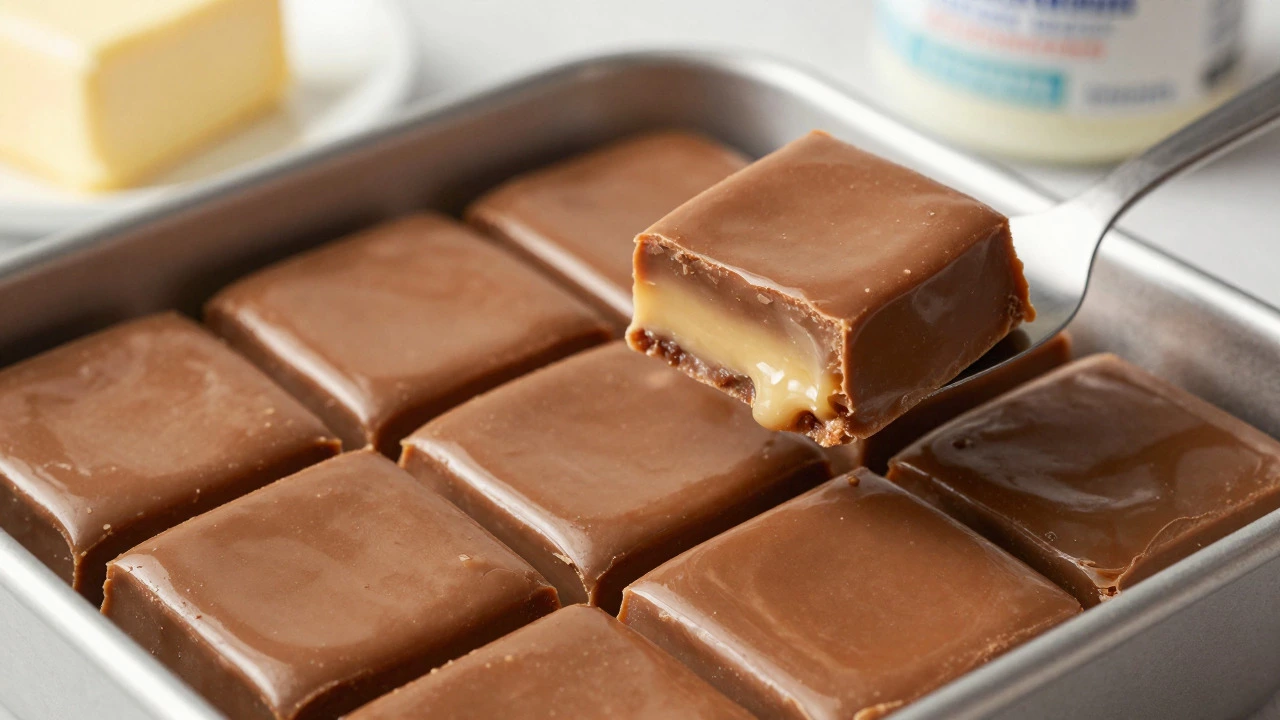 Squares of smooth, creamy homemade fudge in a metal pan
