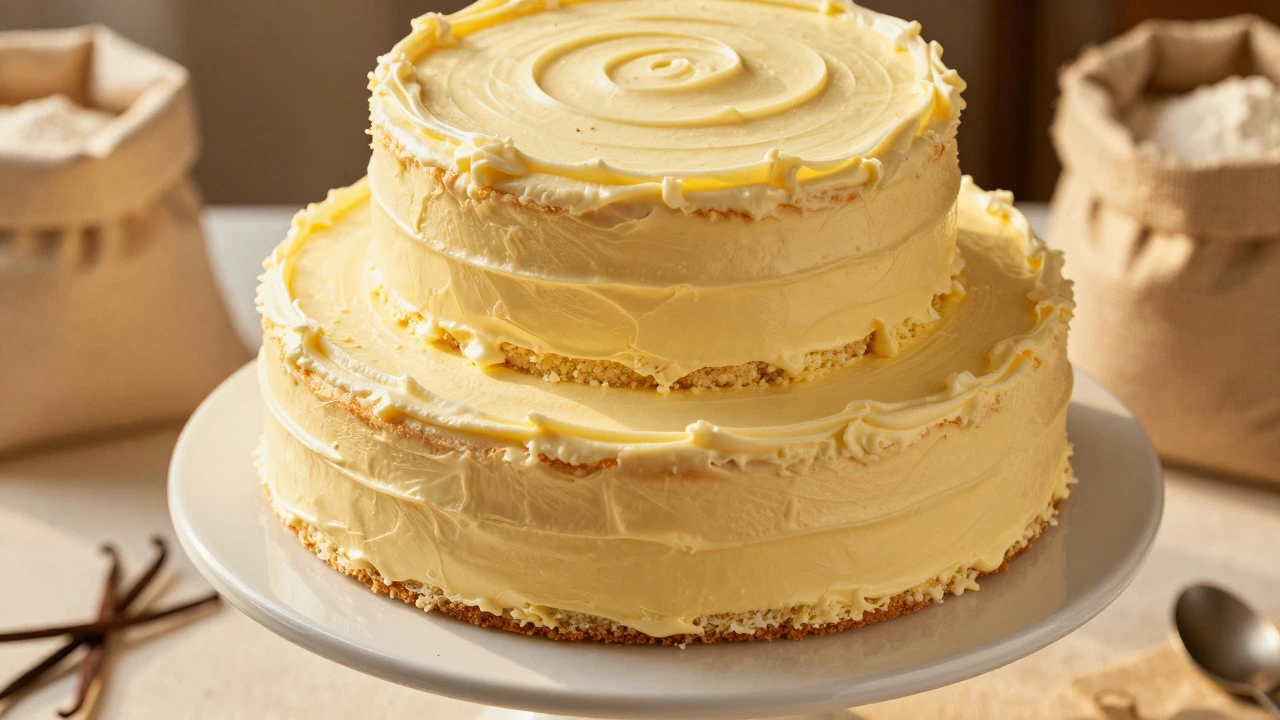 Stacked butter cake with vanilla frosting