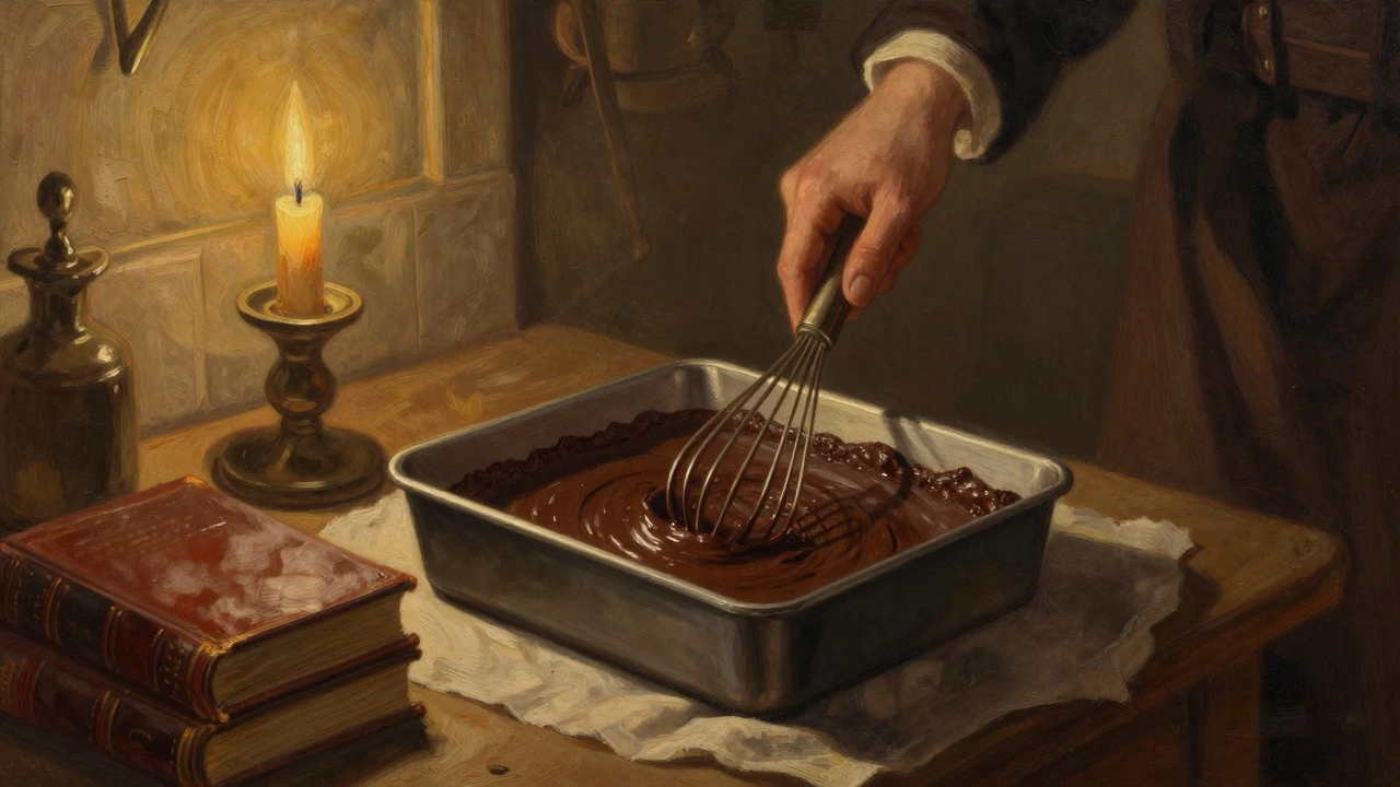 Vintage illustration of a hand mixing dark chocolate batter in a square pan in an old kitchen