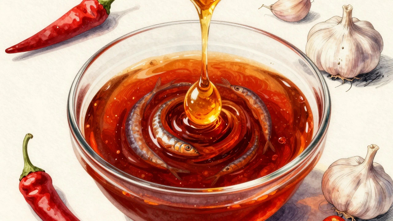 Watercolor illustration of a bowl of red sauce with faint fish and honey shapes inside