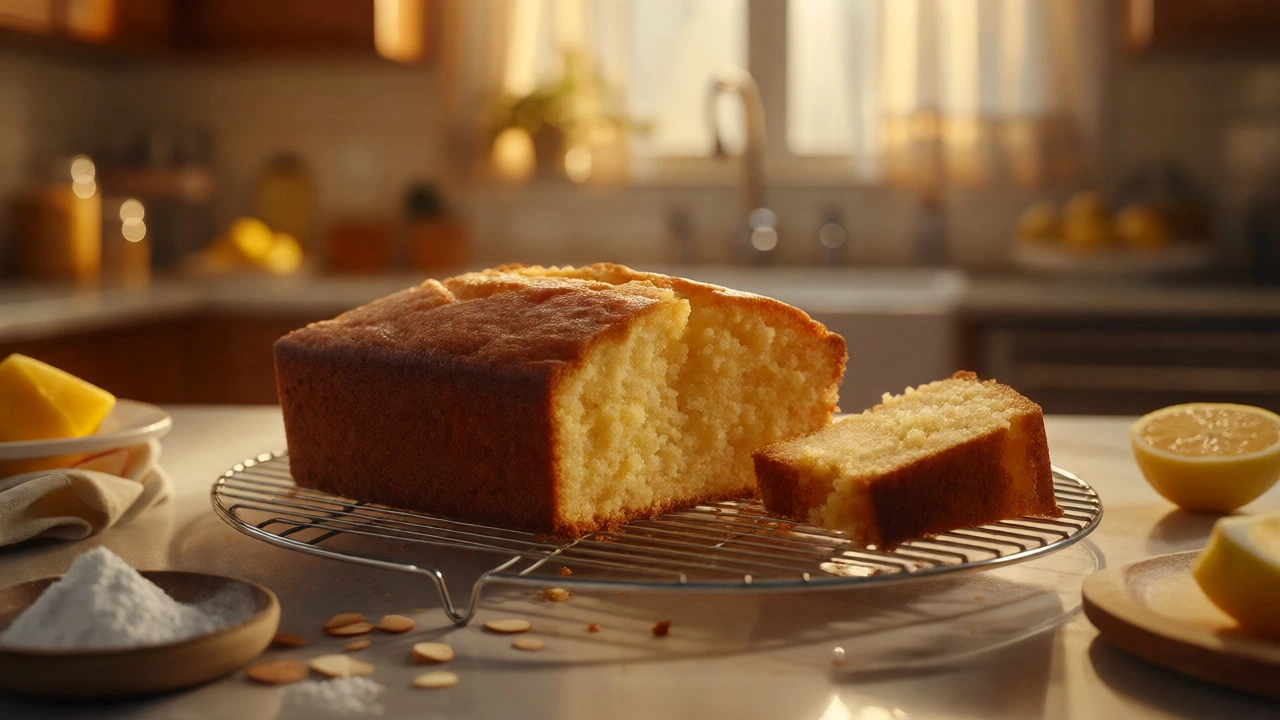 A freshly baked lemon drizzle cake cooling on a wire rack in a warm kitchen