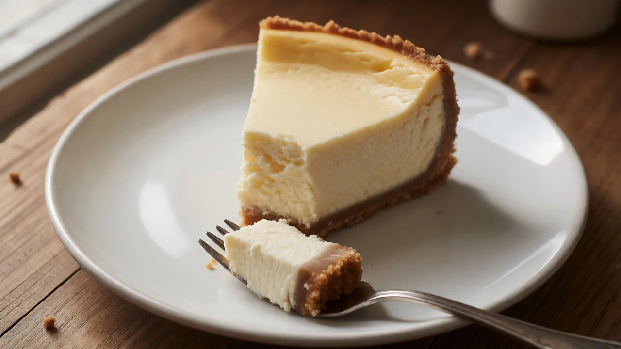 A perfect slice of firm yet tender New York cheesecake on a plate