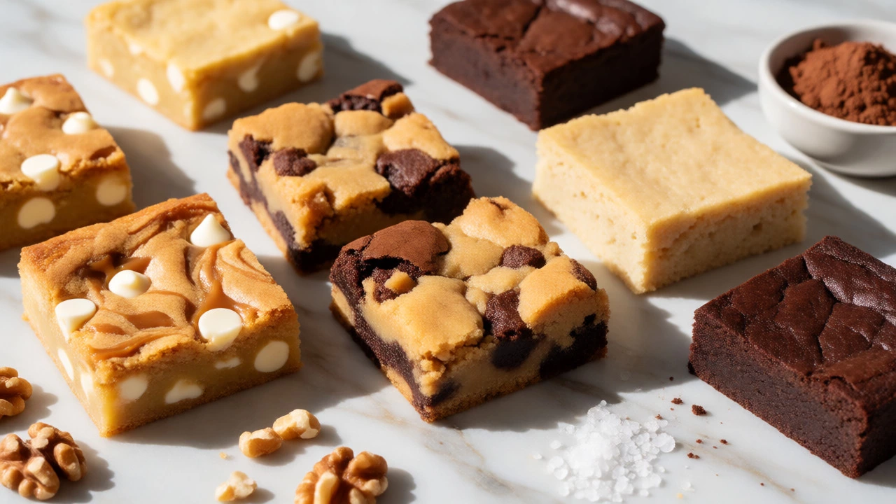 Assorted blondies, brookies, and dietary brownies on a marble counter.